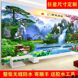 8d中式风景壁画电视背景墙，壁纸山水画客厅18d影视墙纸迎客松墙布