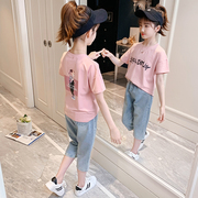女童短袖T恤套装2024时尚大童夏季女孩洋气时髦儿童运动两件