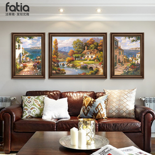 美式客厅装饰画沙发背景墙大气，挂画手绘油画欧式三联画高级感壁画