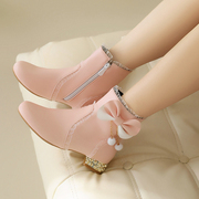 女童靴子短靴2023春秋单靴小女孩白色高跟鞋子，公主皮靴儿童马丁靴