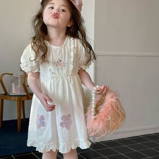韩版童装女童洋气连衣裙，夏装宝宝时髦可爱泡泡，袖花边白色裙子