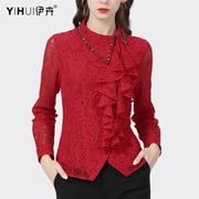 春装红色蕾丝衫打底衫女长袖，设计感气质，polo领修身显瘦上衣衬衫