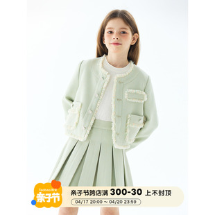 mpeng女童春小香风套装，薄荷绿气质女生外套，大百褶半裙两件套