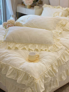 法式纯色全棉水洗棉四件套波点荷叶花边纯棉被套床单1.8床上用品