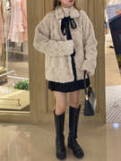 韩版2023秋冬羊羔绒外套，女中长款蝴蝶结宽松皮草，兔毛茸茸大衣
