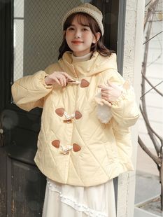 黄色棉服外套女冬季2024年韩版宽松学生，夾棉羽绒服短款菱格棉衣女