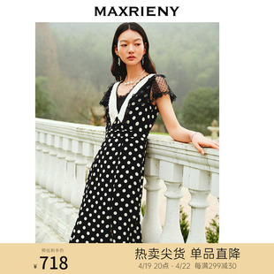 波动心弦MAXRIENY法式复古连衣裙夏季波点短袖长裙修身长裙