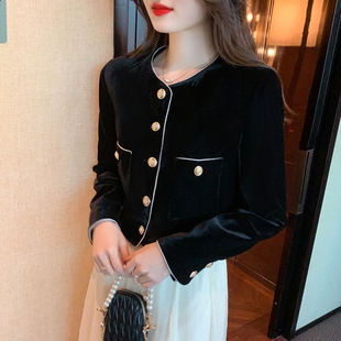 黑色丝绒小香风外套女2023休闲秋季设计感单排扣长袖罩衫高级上衣
