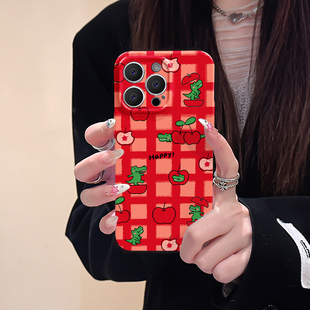 鳄鱼苹果适用iphone15promax苹果14个性创意趣味小众格子13全包mini红色xr高级感12菲林8plus11手机壳女