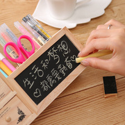 多功能创意笔筒木质办公室桌面收纳盒带双层抽屉带黑板木质黑板笔