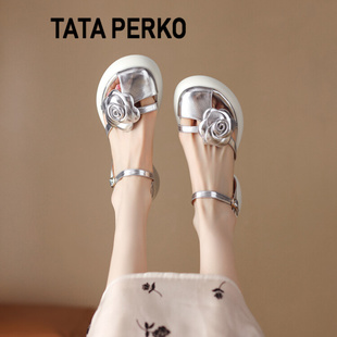 tataperko联名女鞋真皮花朵包头凉鞋女夏季包脚趾(包脚趾)厚底粗高跟单鞋