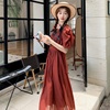 cherrykoko2024夏季酒红色，泡泡短袖连衣裙女方，领纯色长款压褶长裙