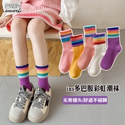 女童袜子春夏纯棉无骨袜，儿童中筒袜中大童女孩，薄款彩虹袜学生袜子