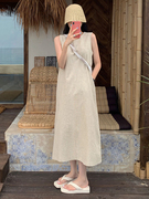 韩版棉麻背心裙女夏季无袖连衣裙，宽松直筒裙，小众度假风亚麻长裙子