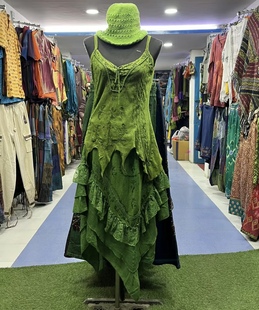 尼泊尔嬉皮精灵绿套装上衣半裙一套纯棉蜡染设计感背心吊带穿搭火