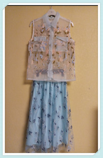 品牌外贸白蓝紫蕾丝雪纺真丝欧根纱拼接刺绣清新复古单件短袖