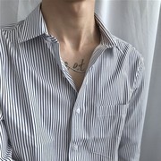 韩版修身条纹长袖衬衫男商务，休闲复古方，领宽松大码男士衬衣潮