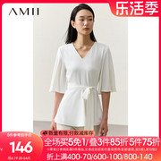 Amii2024夏法式雪纺衫女喇叭袖V领白色衬衫设计感配腰带上衣