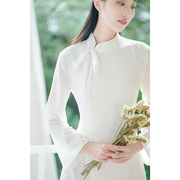 初蝉新中式旗袍秋冬改良中国风，仙女飘逸修身白色气质奥黛连衣裙