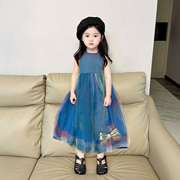 韩国童装2023夏季女童，孔雀蓝公主纱裙女宝宝长款背心连衣裙子