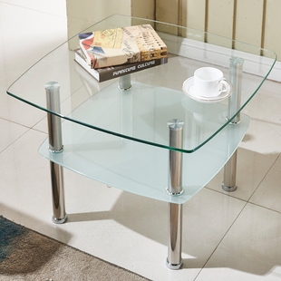 简约现代钢化玻璃小茶几正方形，双层加高沙发，边茶几桌子不锈钢