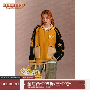 BeerBro美式街头撞色毛衣外套女秋冬宽松复古vintage棒球毛织开衫