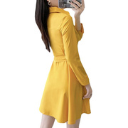 v领连衣裙春夏韩版修身中长款时尚，长袖气质黄色衬衫裙子女连