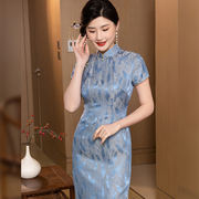 印花旗袍女蓝色时尚洋气，新中式民国风女改良款2024年春夏复古