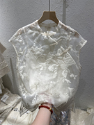 米白色中国风重工刺绣微透高级纱短袖蕾丝衫两件套小衫2024夏设计