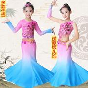 儿童傣族舞蹈服装表演孔雀服女童长款女鱼尾裙演出服长袖