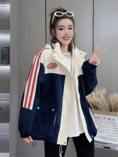 高级感拼色工装外套女2023春季韩版宽松时尚，设计感休闲上衣