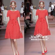 高级定制走秀同款红色波点真丝连衣裙女收腰大摆裙夏季法式优雅OL