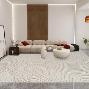 木兰纯手工客厅地毯，家用茶几条纹现代极简奶油，风米白色卧室腈纶毯
