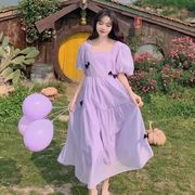 紫色泡泡袖连衣裙2024夏季法式温柔系凡尔赛仙女裙子超仙森系