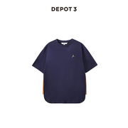 depot3男装t恤进口丝光棉，八大山人绣花侧拼色微宽松深蓝短袖t恤