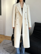 韩国高端米白色双面羊毛羊绒大衣小个子正肩西装领中长款毛呢外套