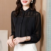 缎面雪纺衬衫女春秋季2024韩版宽松黑色洋气时尚长袖衬衣上衣