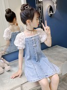女童纯棉牛仔连衣裙2024夏季新款小女孩短袖蕾丝花边拼假公主裙子