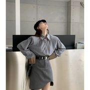 高级感宽松竖条纹衬衫+灰色，半身短裙女2023春秋韩版时尚套装