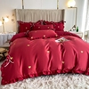 少女公主爱心刺绣婚庆，四件套大红色床单被套全棉，纯棉结婚床上用品