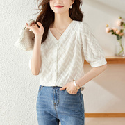 v领绣花纯棉衬衫，女2023夏季韩版法式白衬衫，宽松雪纺上衣女士
