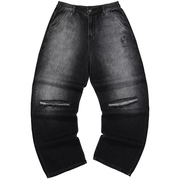 GENANX闪电潮牌夏季牛仔裤黑灰色水洗直筒破洞线须设计裤子男