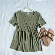 高腰深v短袖女式T恤夏季潮修身2020性感裙摆式上衣 纯色