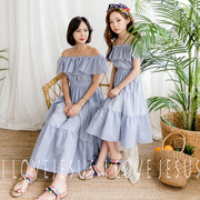 2023女童连衣裙夏季韩版童装纯棉条纹沙滩裙，中大童收腰大摆裙亲子