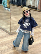 韩版童装女童英伦风套装2024春季儿童蕾丝打底衫卡通短袖牛仔裤潮