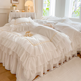 法式仙女100全棉床上四件套公主风纯棉蕾丝花边白色被套高级床裙4
