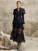 越南设计师通勤长袖套装裙小众斗篷显瘦外套蛋糕半身裙两件套