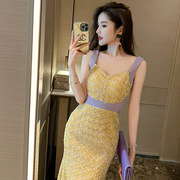 2023夏季女法式设计感黄色，碎花连衣裙无袖吊带长款裙子10577