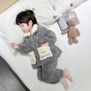 男童睡衣秋冬季珊瑚绒加绒款套装儿童男孩，法兰绒小宝宝开衫家居服