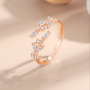 小清新纯银s925树叶戒指，时尚小众设计开口可调森系镶钻叶子指环潮